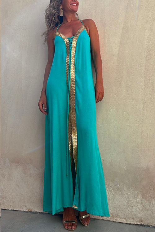 Heididress V Neck Backless Sequin Detailed Slit Maxi Cami Dress