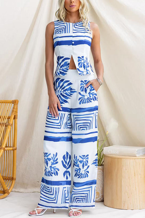 Crewneck Sleeveless Button Up Printed Top