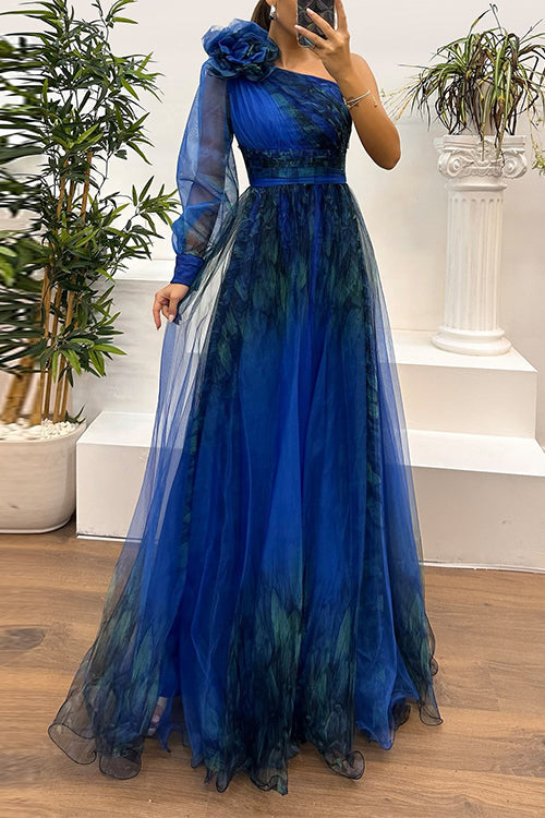 Heididress One Shoulder Long Sleeve Printed Mesh High Slit Maxi Dress