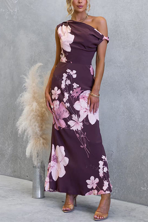 Asymmetrical Shoulder Floral Print Maxi Dress