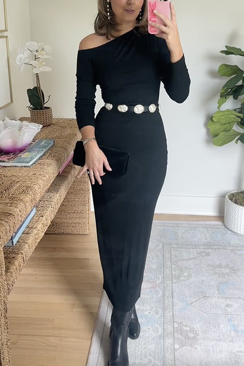 Asymmetrical Shoulder Long Sleeves Bodycon Midi Dress