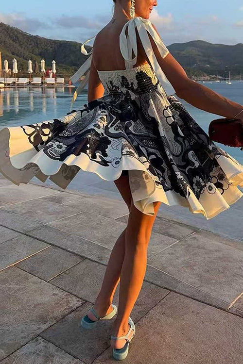 Heididress Bow Shoulder Sleeveless High Waist Floral Print Mini Dress