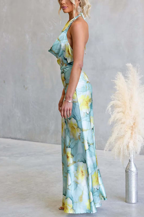 Halter Cowl Neck Open Back Floral Print Satin Maxi Dress