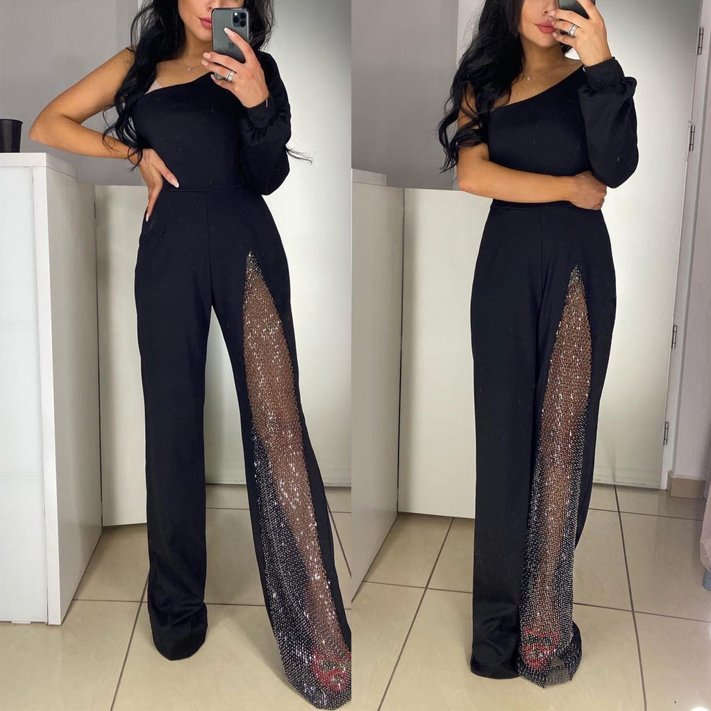 Heididress Stylish One Shoulder Slit Long Sleeve Mesh Splice Wide Leg Jumpsuit