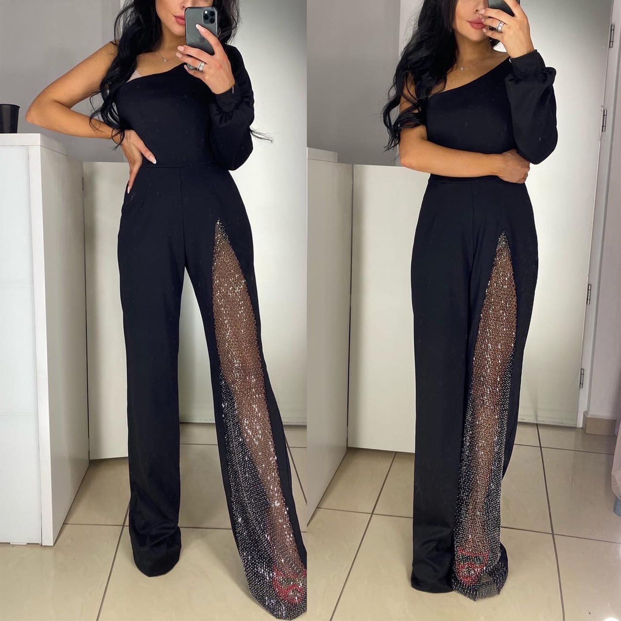 Heididress Stylish One Shoulder Slit Long Sleeve Mesh Splice Wide Leg Jumpsuit