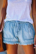 Heididress Drawstring High Waist Raw Hem Pockets Shorts