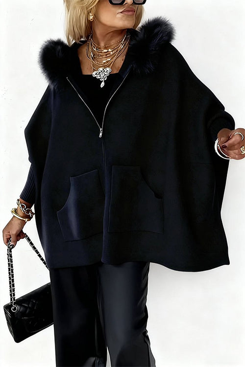 Heididress Dolman Sleeves Zipper Up Pocketed Jacket with Faux Fur Hood