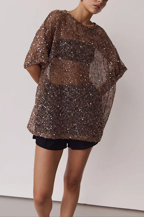 Round Neck Half Sleeves Crochet Hollow Out Sequin Top