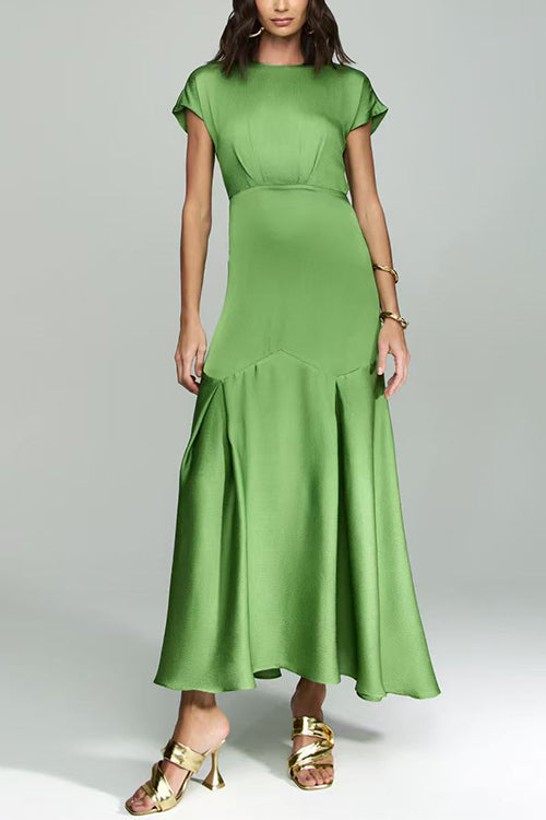 Crewneck Short Sleeves Back Cut Out Satin Maxi Dress