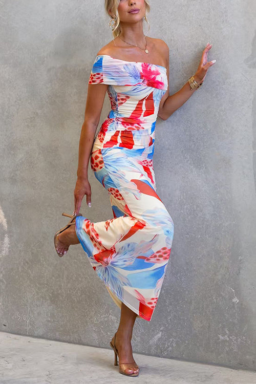 Asymmetrical Shoulder Ruched Floral Print Maxi Dress