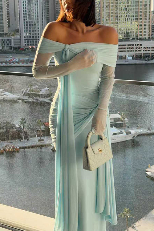 Heididress Off Shoulder Long Sleeves Knot Waist Draped Maxi Dress