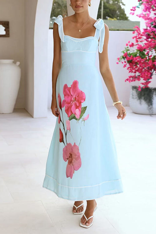 Bow Shoulder Sleeveless Floral Print Swing Maxi Dress