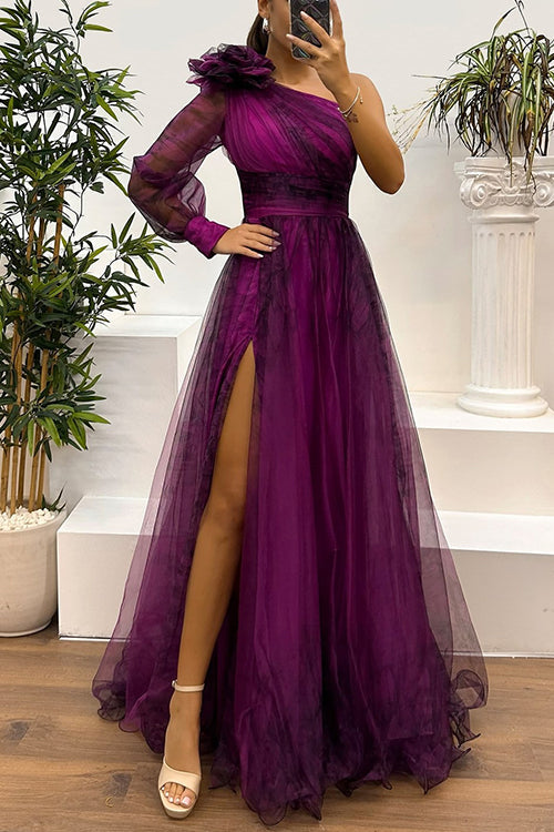 Heididress One Shoulder Long Sleeve Mesh Printed Slit Maxi Dress