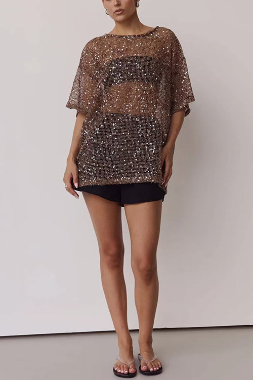 Round Neck Half Sleeves Crochet Hollow Out Sequin Top