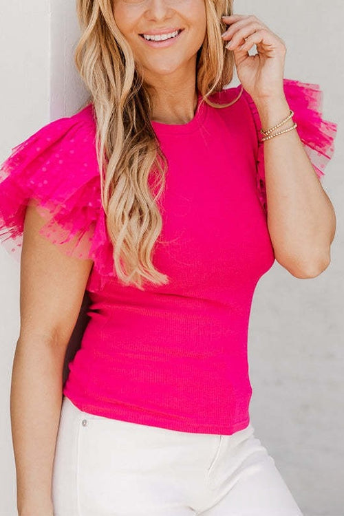 Heididress Round Neck Polka Dot Ruffle Short Sleeves Top