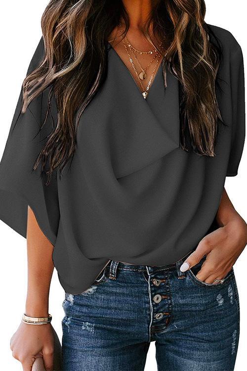 Heididress Cowl Neck Short Sleeve Drape Chiffon Shirt
