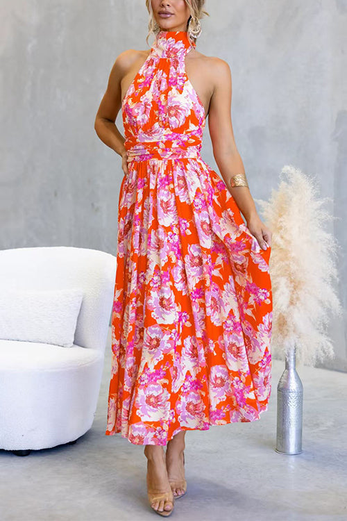 Halter Backless Waisted Floral Print Swing Maxi Dress