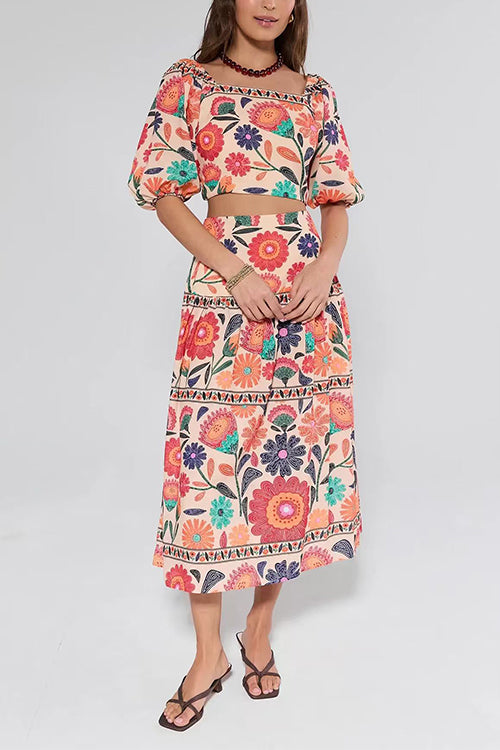 Puff Sleeves Back Cut Out Floral Print Crop Top