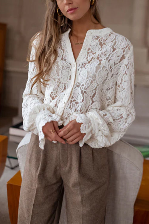 Heididress Ruffle Long Sleeves Button Up Lace Shirt