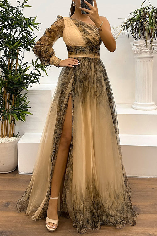 Heididress One Shoulder Long Sleeve High Waist Printed Mesh Slit Maxi Dress