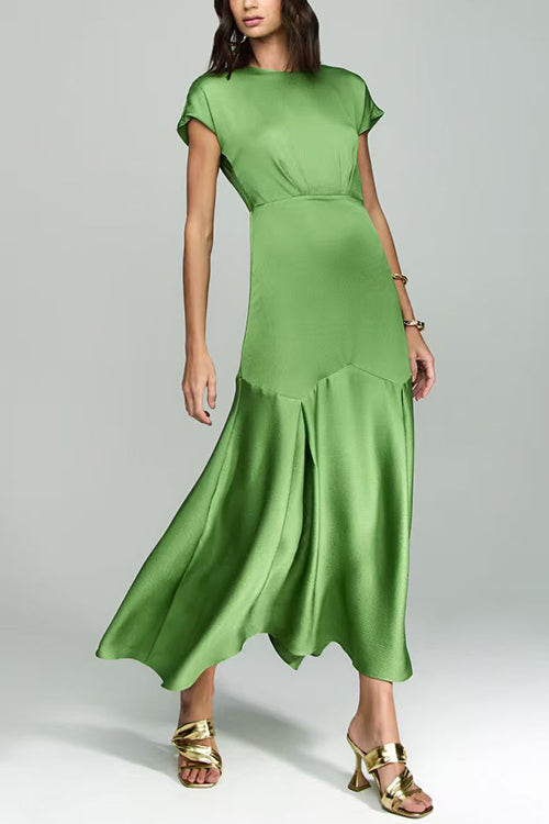 Crewneck Short Sleeves Back Cut Out Satin Maxi Dress