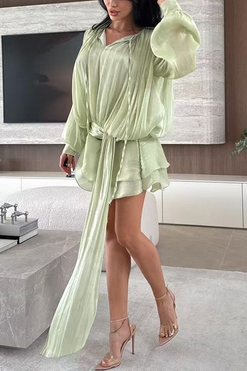 Heididress Lantern Long Sleeves Draped Ruffle Layered Mini Dress with Shorts