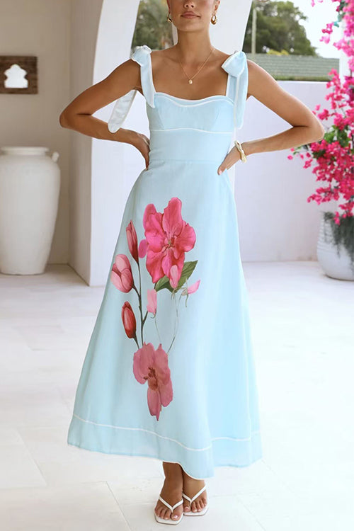 Bow Shoulder Sleeveless Floral Print Swing Maxi Dress
