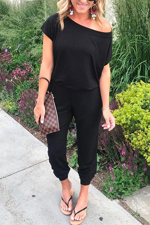 Heididress Solid Cold Shoulder Short Sleeves Elastic Waist Loungewear Jumpsuit