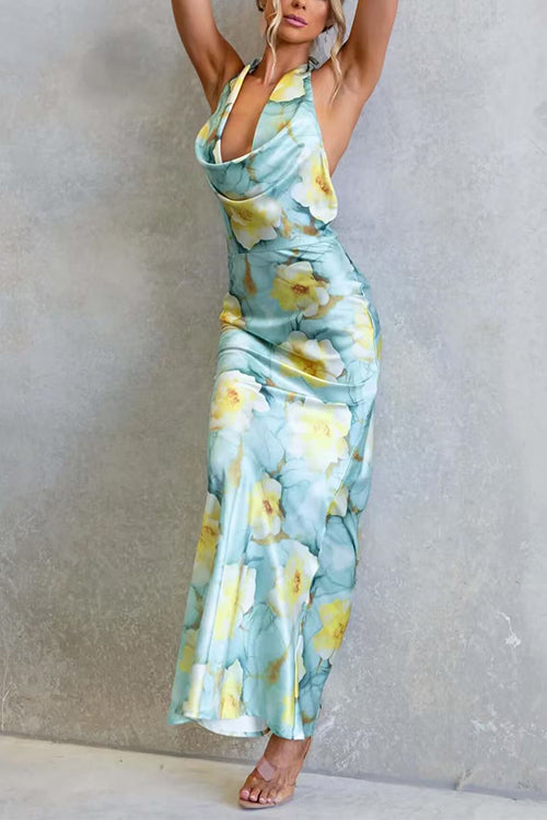 Halter Cowl Neck Open Back Floral Print Satin Maxi Dress