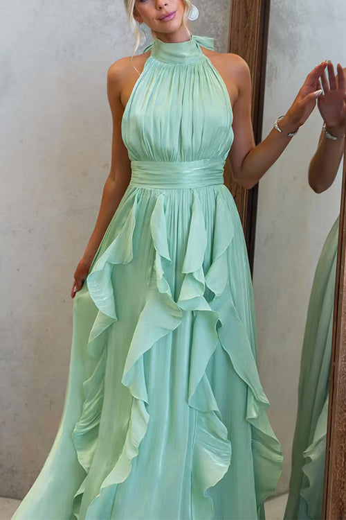 Halter Neck Waisted Ruffle Maxi Dress