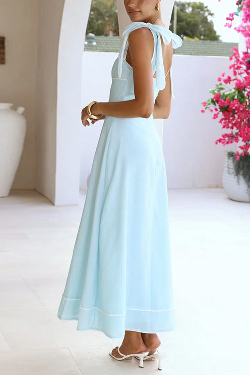 Bow Shoulder Sleeveless Floral Print Swing Maxi Dress