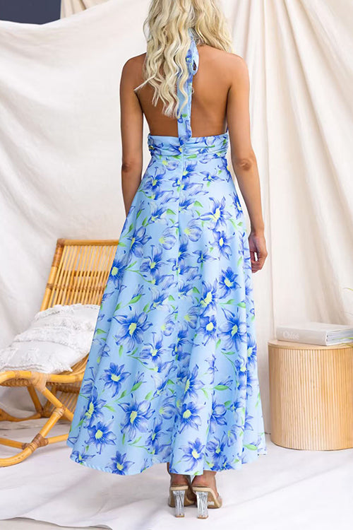 Halter Neck Backless Waisted Floral Print Swing Maxi Dress