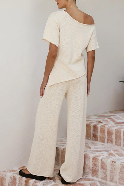 Stylish Asymmetrical Shoulder Short Sleeves Knit Top