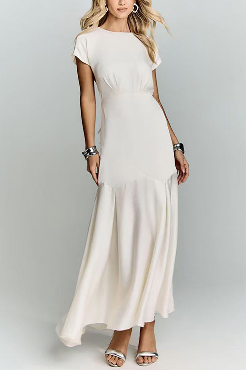 Crewneck Short Sleeves Back Cut Out Satin Maxi Dress