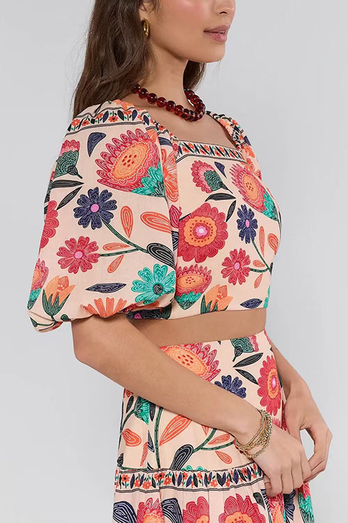Puff Sleeves Back Cut Out Floral Print Crop Top