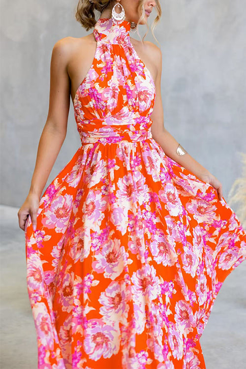 Halter Backless Waisted Floral Print Swing Maxi Dress
