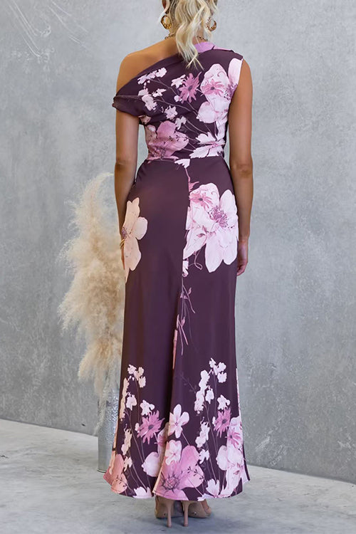 Asymmetrical Shoulder Floral Print Maxi Dress