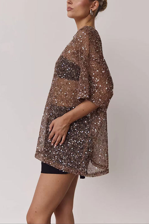 Round Neck Half Sleeves Crochet Hollow Out Sequin Top