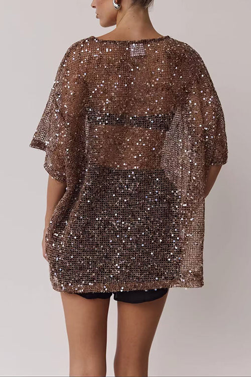 Round Neck Half Sleeves Crochet Hollow Out Sequin Top