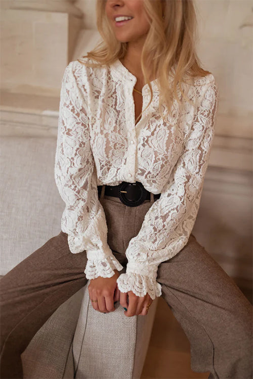 Heididress Ruffle Long Sleeves Button Up Lace Shirt