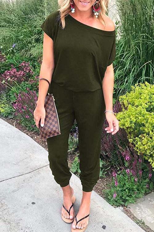 Heididress Solid Cold Shoulder Short Sleeves Elastic Waist Loungewear Jumpsuit