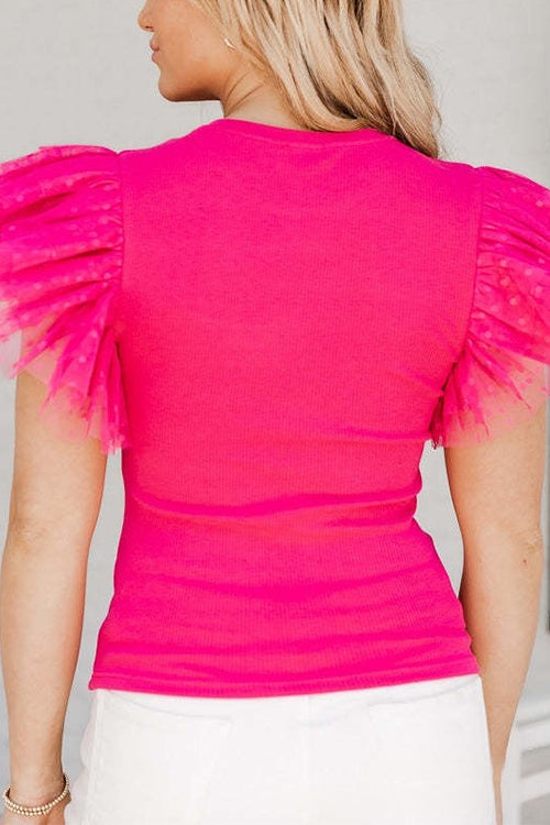 Heididress Round Neck Polka Dot Ruffle Short Sleeves Top