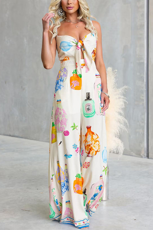 Adjustable Strap Tie Knot Front Unique Print Wide Leg Jumpsuit