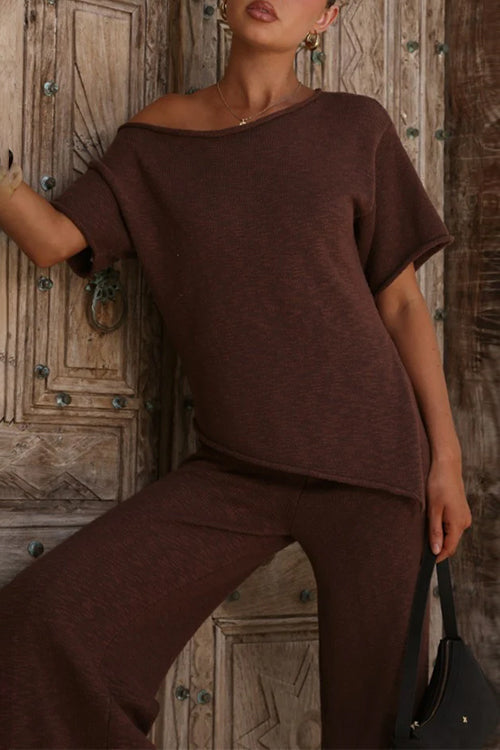 Stylish Asymmetrical Shoulder Short Sleeves Knit Top