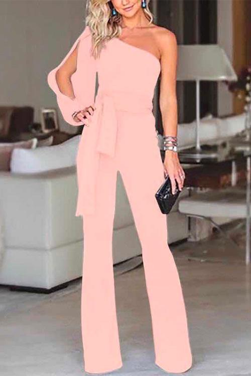 Heididress One Shoulder Slit Sleeve Tie Knot Jumpsuit(7 Colors)