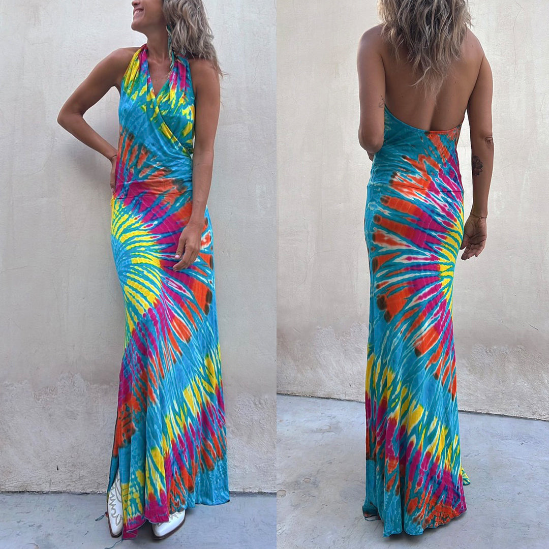 Heididress Sleeveless Halter Backless Maxi Tie Dye Dress