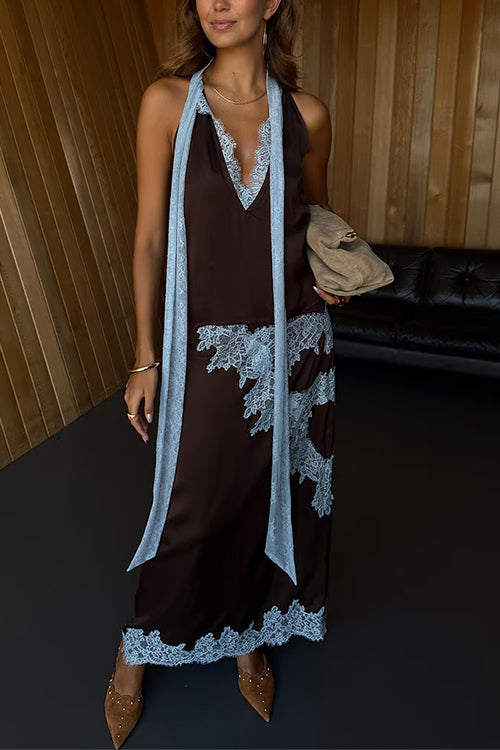 Sleeveless V Neck Lace Trim Satin Scarf Top