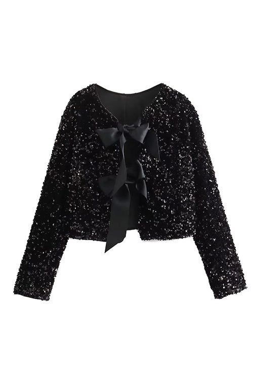Heididress Long Sleeves Bow Detail Shiny Sequin Top