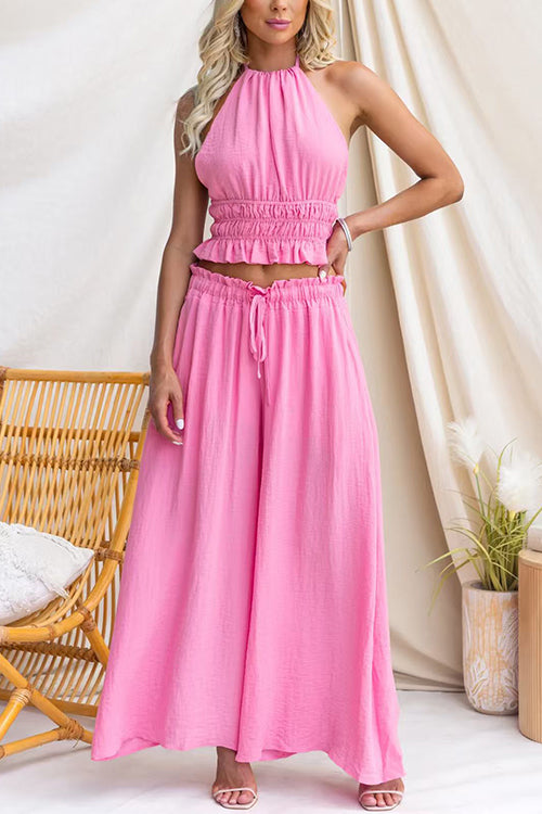 Halter Neck Open Back Ruffle Hem Top