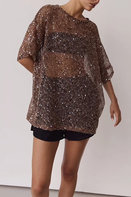 Round Neck Half Sleeves Crochet Hollow Out Sequin Top